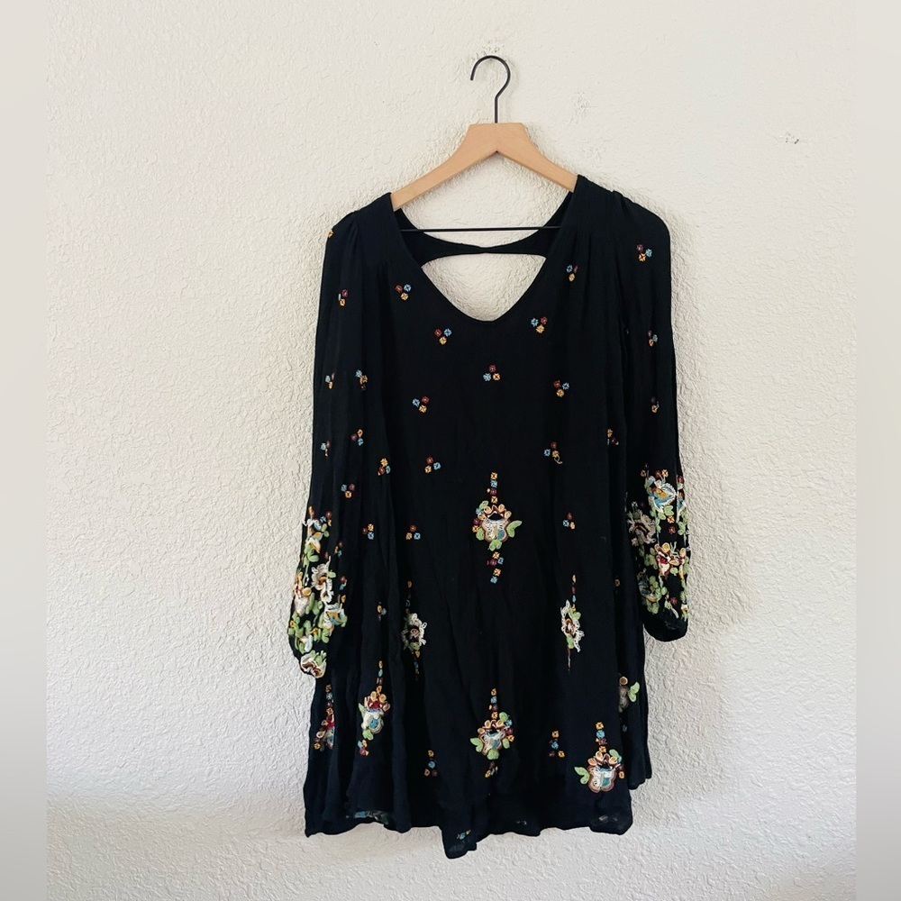 Free People Embroidered Black Long Sleeve Swing Dress